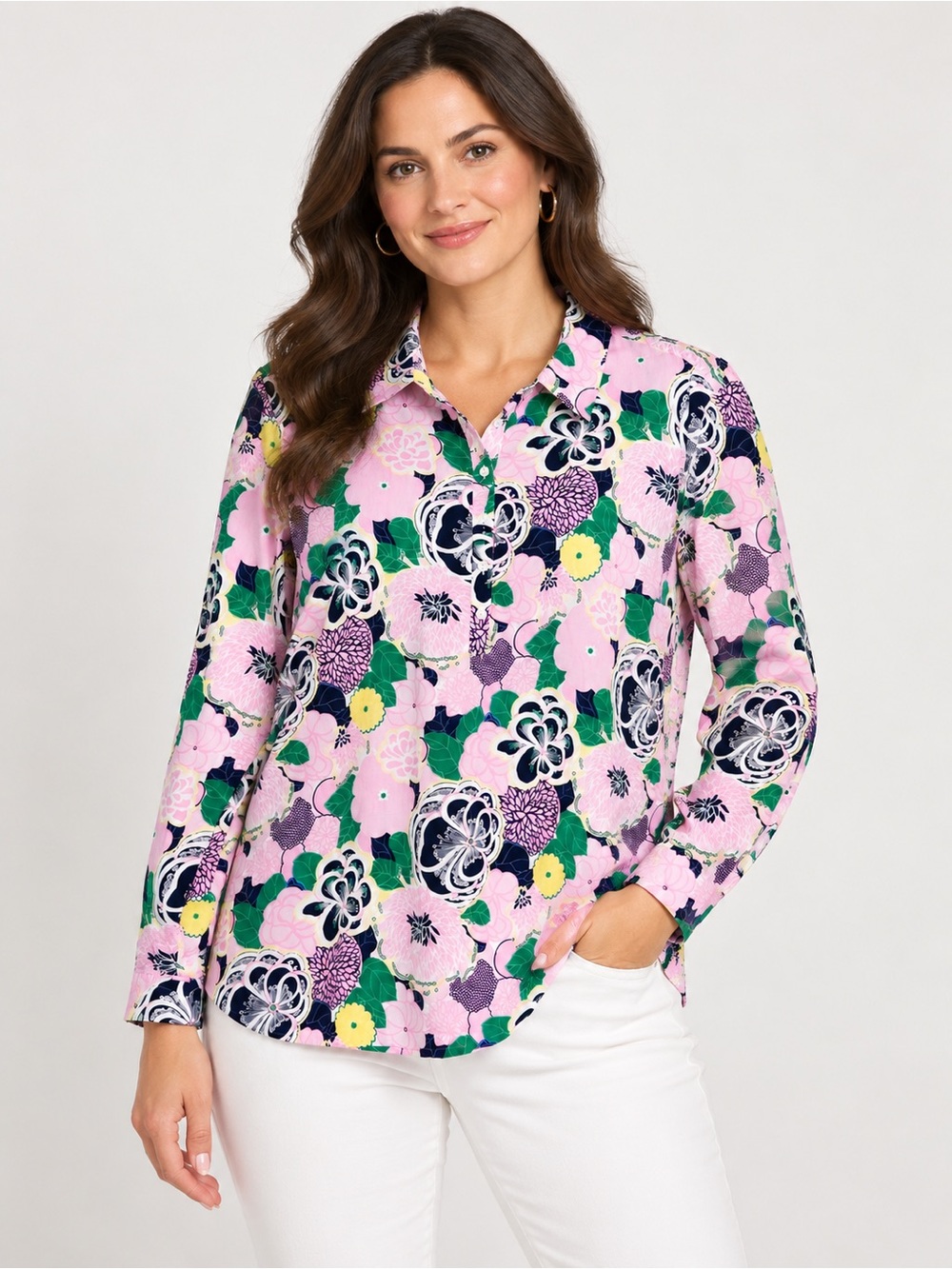 Talbots Large Floral Tunic Blouse Pink Green Navy Button Front Long Sleeve